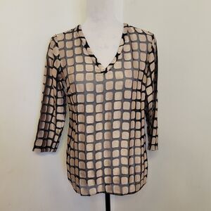 The Limited Sheer V-Neck Top Women XS Black Gold 3/4 Sleeve Lightweight Blouse